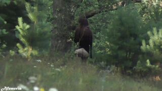 Lustful Brunette Undresses in the Woods and Walks Naked