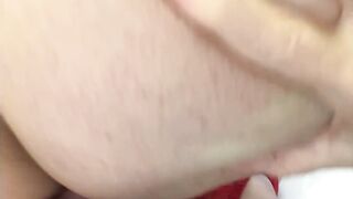 Lady in red rims my dirty ass until i cum on her