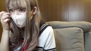 Japanese school uniform cosplay girl reacts to another jeer-off and cum!