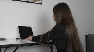 The secretary shows off her new outfit! Sloppy deepthroat blowjob for huge cock