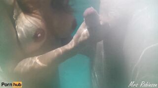 Underwater Handjob and Cumshot from Sexy Wife with Big Floating Tits