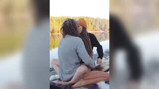 Sex on a reindeer skin next to a forest lake - RosenlundX - Vertical 60fps