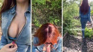 Busty Teenager Swallow Stranger Cum on Train Road