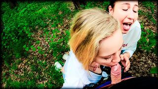 Double Blowjob in the Woods - POV Threesome Sucking
