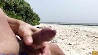 Voyeur pervert jerks off busty MILF and her stepdaughter and cums on their faces while they sunbathe