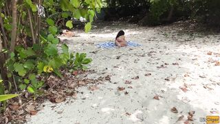 Voyeur pervert jerks off busty MILF and her stepdaughter and cums on their faces while they sunbathe