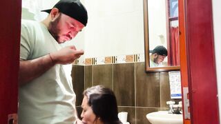 Stepmother is spied on by her stepson and they fuck in the bathroom