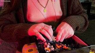 ASMR with my perky tits out ❤️ Tapping & puzzle rummaging sounds (no talking)