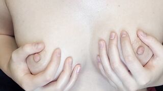 FEMALE SOLO MASSAGE OF BREASTS AND NIPPLES WITH OIL UNTIL ORGASM