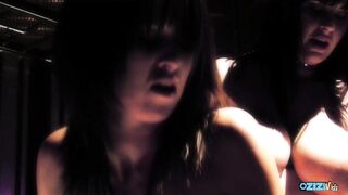 Imposing lesbian brunettes love to ride big black dildos in the club