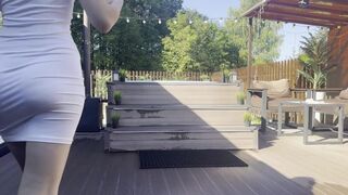 outdoor stretching in white dress