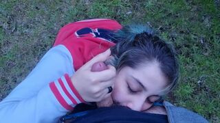Sucking BF's dick in public forest