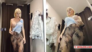 Blonde with big Tits Try on haul Clothes in Mall. Milf in Fitting Room