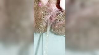 Perv Milf's Pee Diary : Spreaded Hairy Pussy Pissing with a Juicy Anal Farti Close up