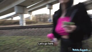 Public Agent Horny Italian MILF orgasms in public and give great outdoor blowjob