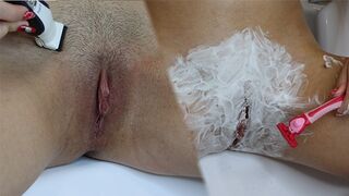 Shaving hairy vagina with trimmer and razor! Close-up!
