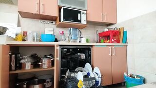 Hairy brunette pussy, big tits, sensual hairy woman in kitchen. Sexy MILF, hairy pussy, big ass