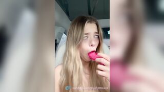 Drooling while deep throating my pink thick dildo on car - Molly Little