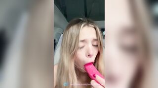 Drooling while deep throating my pink thick dildo on car - Molly Little