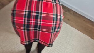 Domination over the student girl in school uniform. Spanking and humiliation