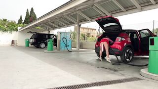 Vacuuming My Car in a Micro Skirt with a Butt Plug Tail in Public no panties