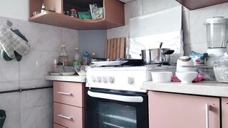 Hairy latina pussy, big tits, sensual hairy woman in kitchen.