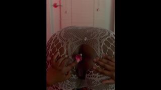 Chocolate girl plugs butt in slow motion then plays with her ass before coming to an intense orgasm