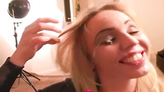 Sexy POV blonde sucks dick then gets cum in her eye