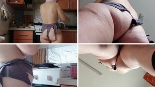 Amateur wife prepares breakfast naked, hairy pussy, big tits.