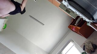 Amateur wife prepares breakfast naked. Milf hairy pussy, big tits, big ass.