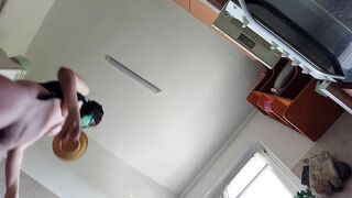 Amateur wife prepares breakfast naked. Milf hairy pussy, big tits, big ass.