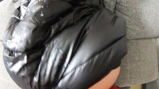 Cum play on my new long Black shiny and Puffy Jacket 184