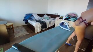 Amateur wife does housework naked. Latina with hairy pussy, big ass.